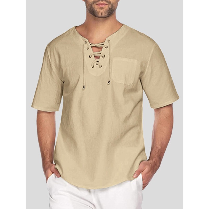 Mens Solid Drawstring V-Neck Cotton Short Sleeve T-Shirt