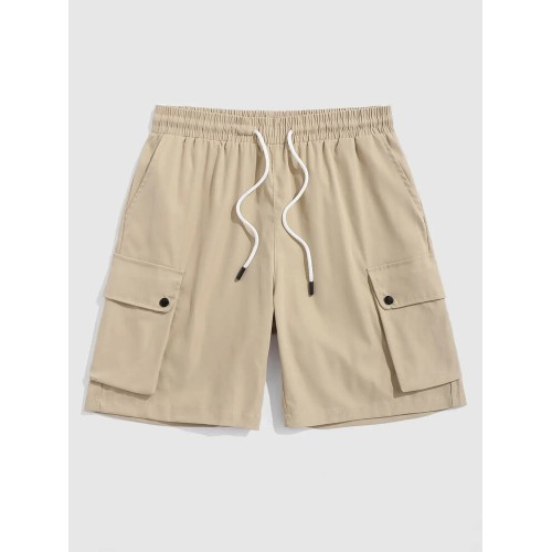 Mens Solid Flap Pocket Cotton Casual Drawstring Cargo Shorts