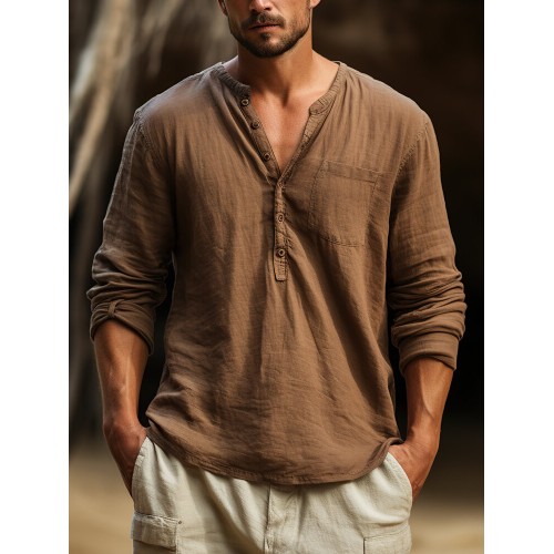 Mens Solid Half Button Casual Long Sleeve Henley Shirts