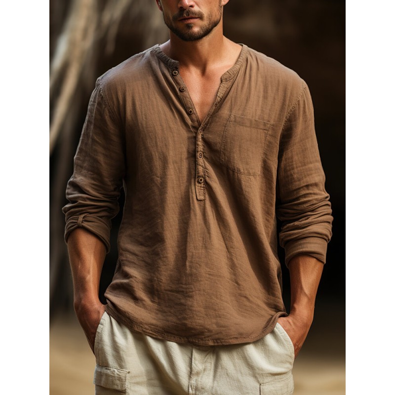 Mens Solid Half Button Casual Long Sleeve Henley Shirts