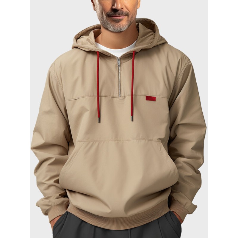 Mens Solid Half Zip Kangaroo Pocket Casual Drawstring Hoodies