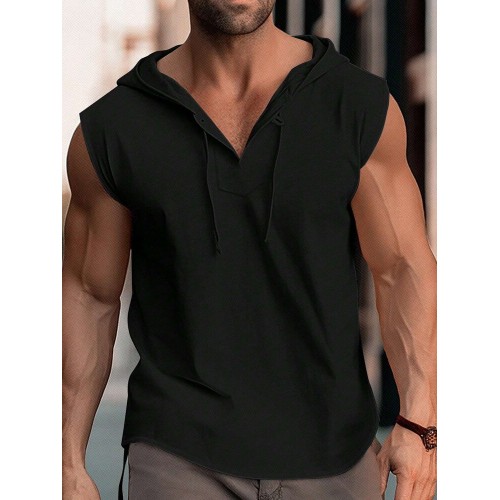 Mens Solid Hooded Casual Sleeveless Tanks