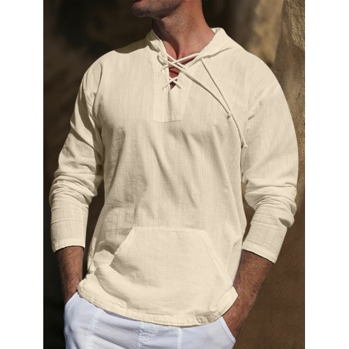 Mens Solid Lace-Up Kangaroo Pocket Long Sleeve Hooded T-Shirts