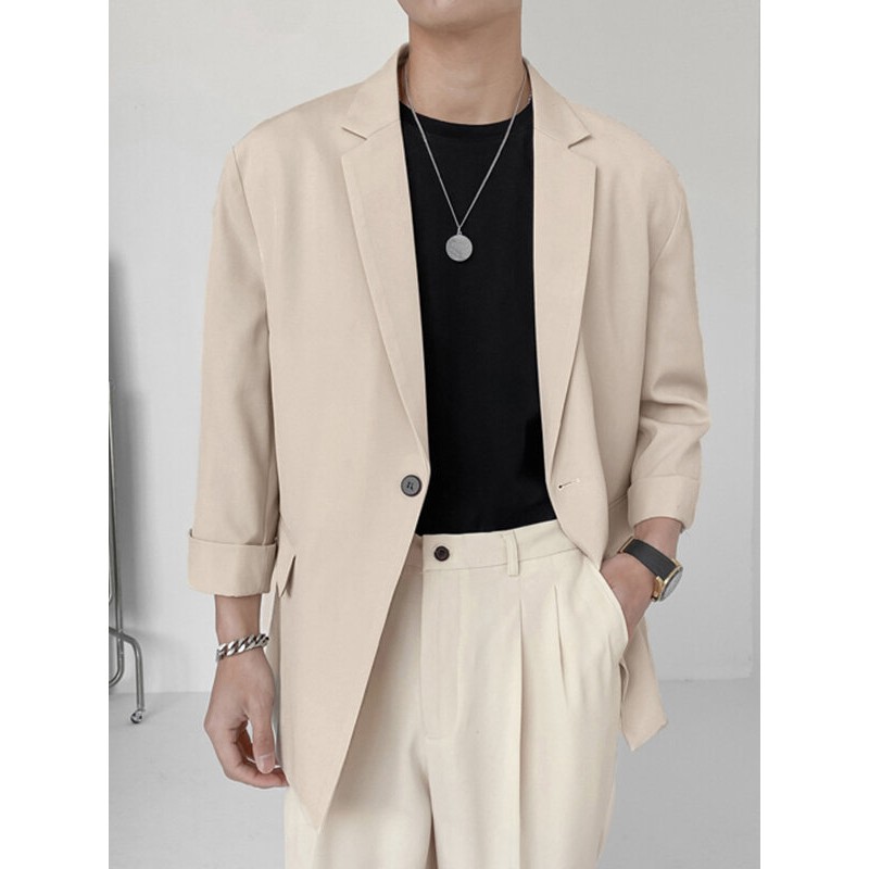 Mens Solid Lapel 3/4 Sleeve Casual Blazer