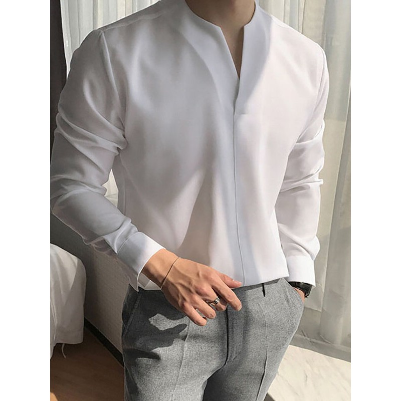 Mens Solid Notched Neck Long Sleeve Shirt