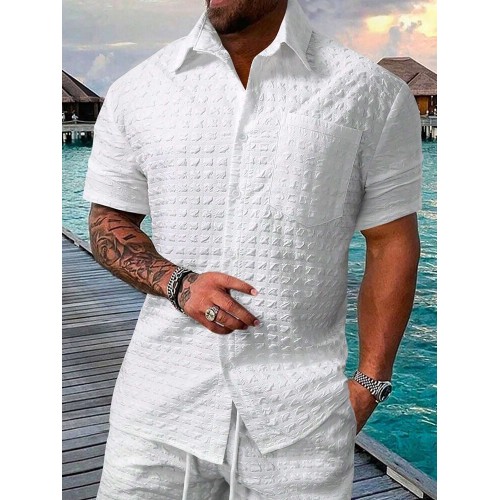 Mens Solid Patch Pocket Lapel Collar Short Sleeve Shirts