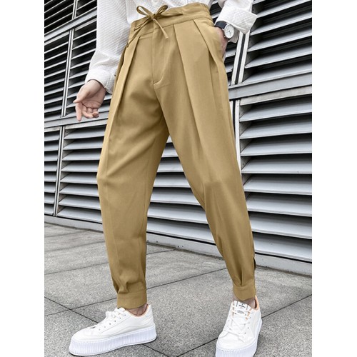 Mens Solid Pleated Sticky Cuff Drawstring Waist Pants