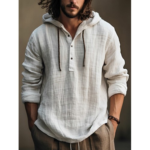 Mens Solid Quarter Button Cotton Casual Drawstring Hoodies