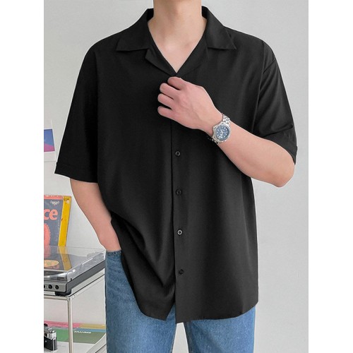 Mens Solid Revere Collar Casual Half Sleeve Shirt