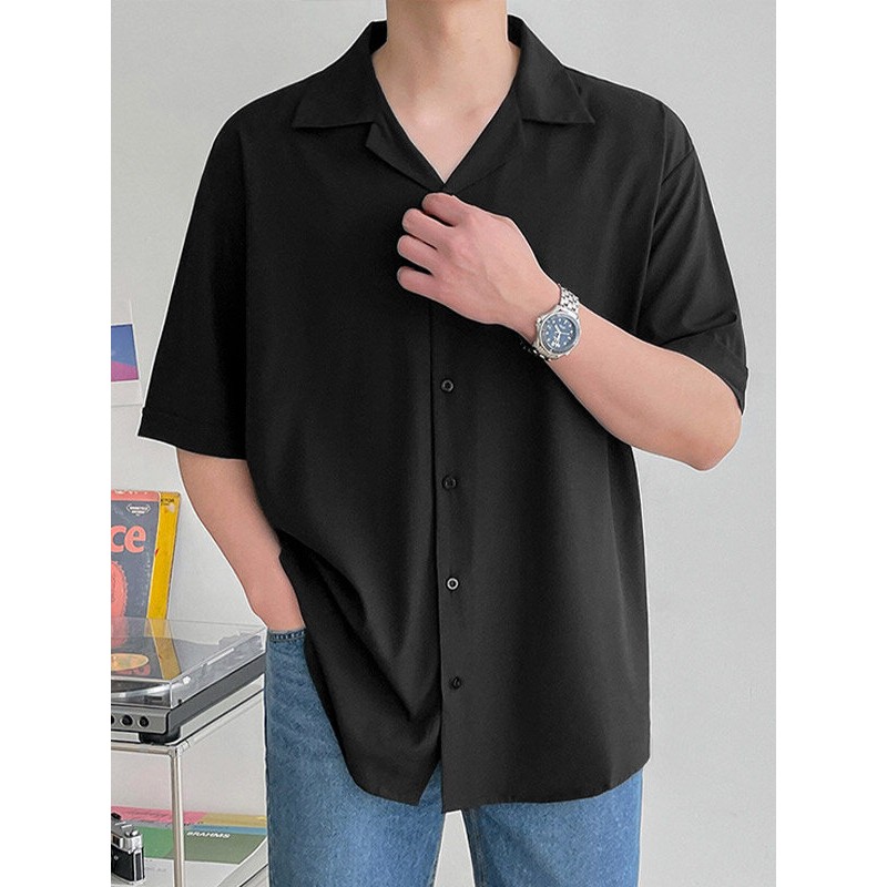 Mens Solid Revere Collar Casual Half Sleeve Shirt