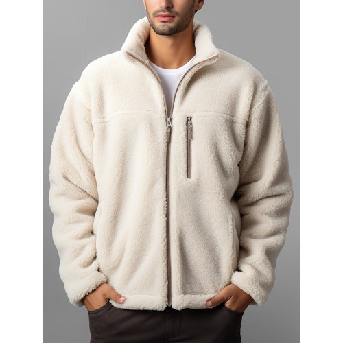 Mens Solid Stand Collar Zip Front Fleece Casual Jacket