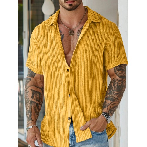 Mens Solid Texture Casual Lapel Collar Short Sleeve Shirts