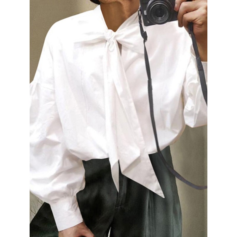 Mens Solid Tie Neck Puff Sleeve Loose Shirt