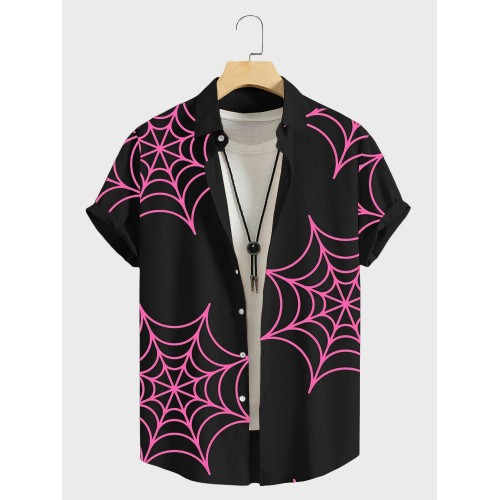 Mens Spider Web Print Lapel Halloween Short Sleeve Shirts