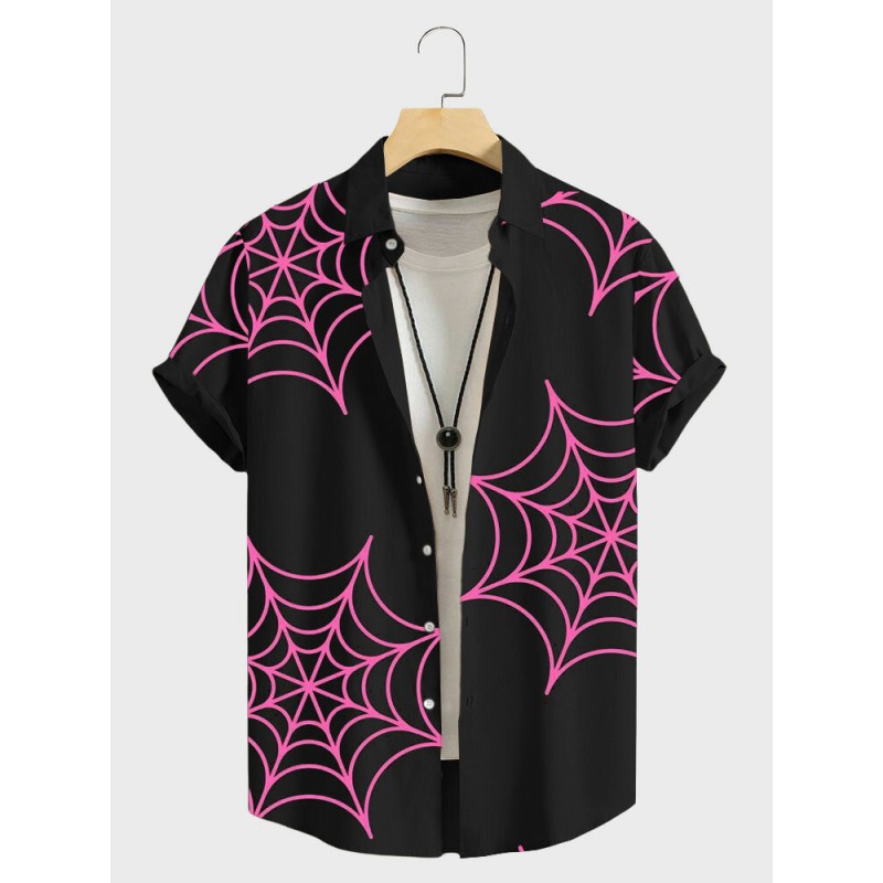 Mens Spider Web Print Lapel Halloween Short Sleeve Shirts