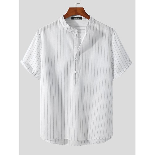 Mens Stripe Stand Collar Short Sleeve Henley Shirt