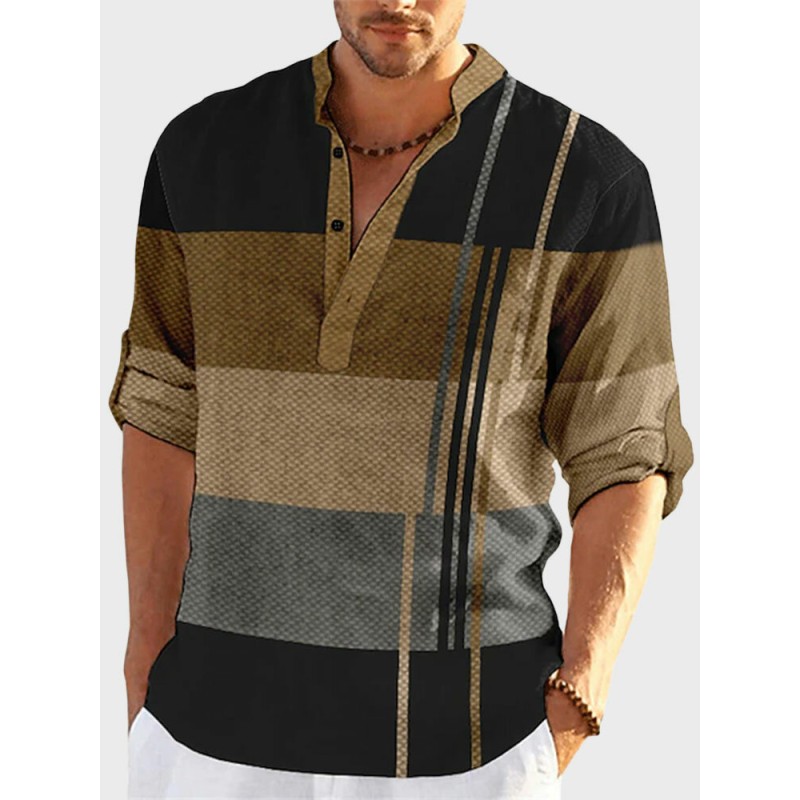 Mens Striped Color Block Casual Long Sleeve Henley Shirts