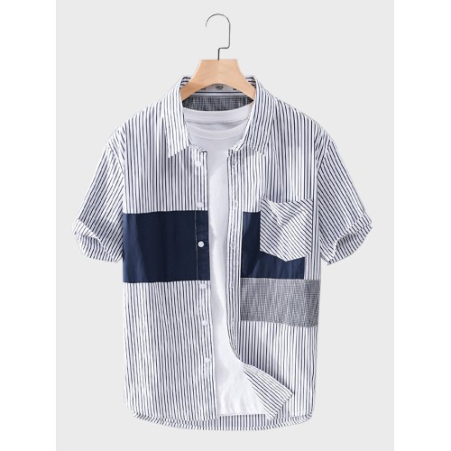 Mens Striped Patchwork Lapel Collar Casual Shirts