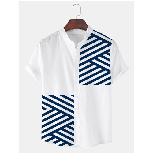 Mens Striped Patchwork Stand Collar Casual Short Sleeve Shirts