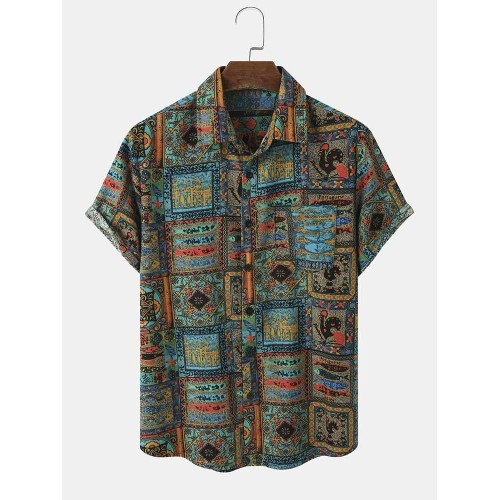 Mens Tribal Animals Print Ethnic Style Short Sleeve Shirts