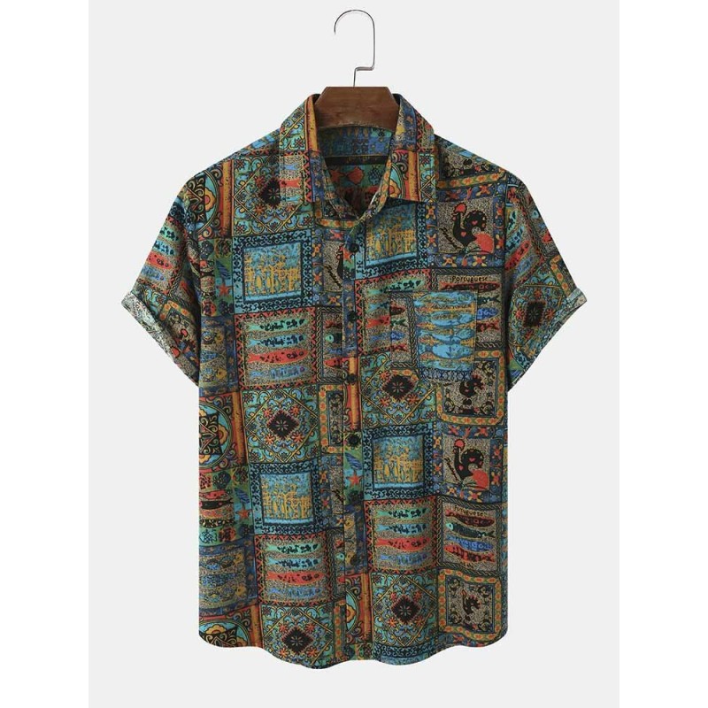 Mens Tribal Animals Print Ethnic Style Short Sleeve Shirts