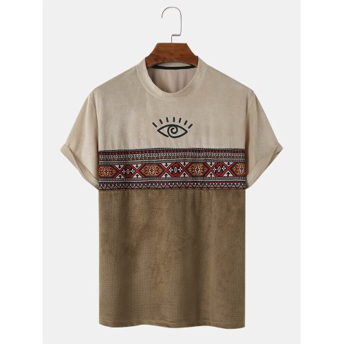 Mens Tribal Geometric Pattern Patchwork Textured Short Sleeve T-Shirts