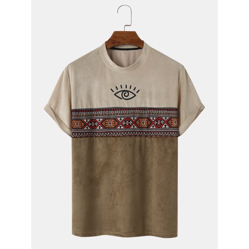 Mens Tribal Geometric Pattern Patchwork Textured Short Sleeve T-Shirts