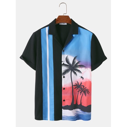 Mens Tropical Landscape Print Revere Collar Vacation Cotton Shirts