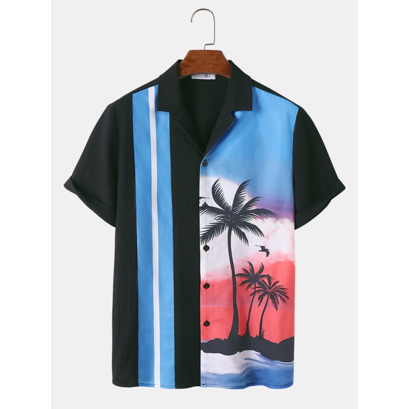 Mens Tropical Landscape Print Revere Collar Vacation Cotton Shirts