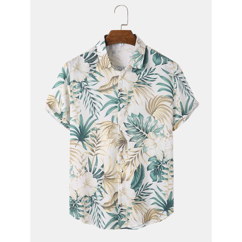 Mens Tropical Plant Print Button Up Holiday Short Sleeve Shirts