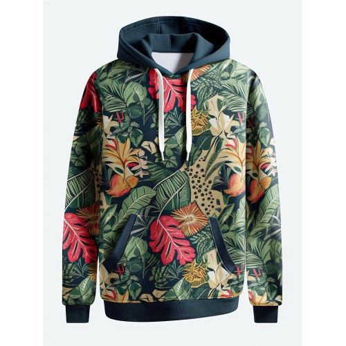 Mens Tropical Plant Print Kangaroo Pocket Vacation Hoodies