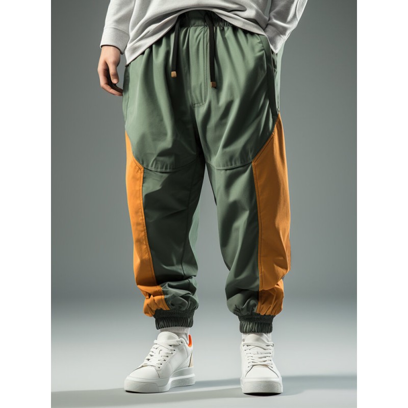 Mens Two Tone Patchwork Drawstring Waist Loose Jogger Pants