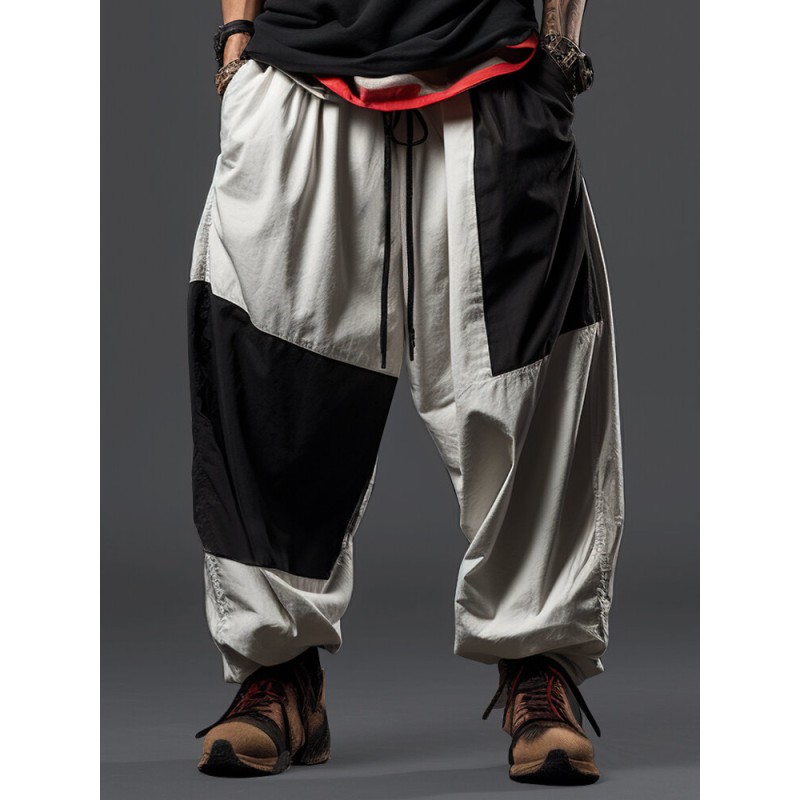 Mens Two Tone Patchwork Loose Drawstring Waist Pants With Pocket