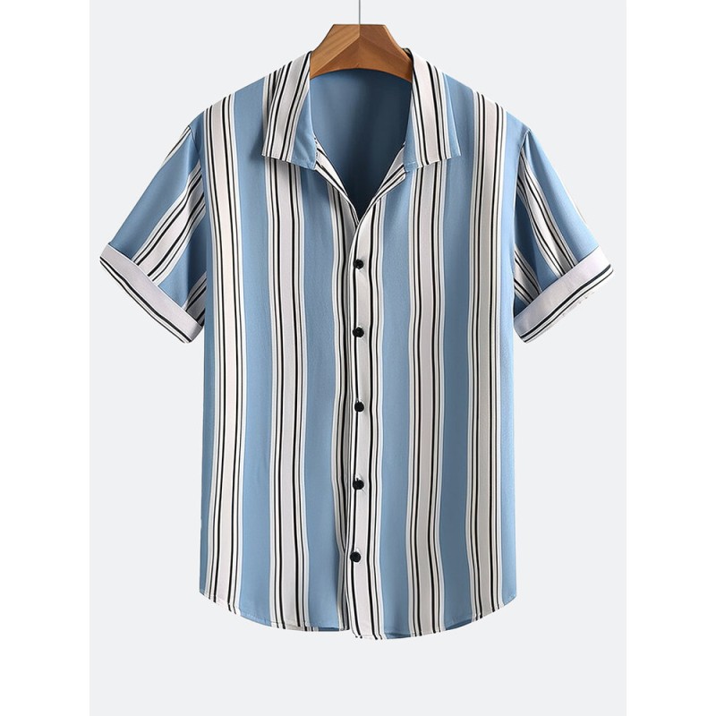 Mens Vertical Stripe Button Up Casual Short Sleeve Shirts