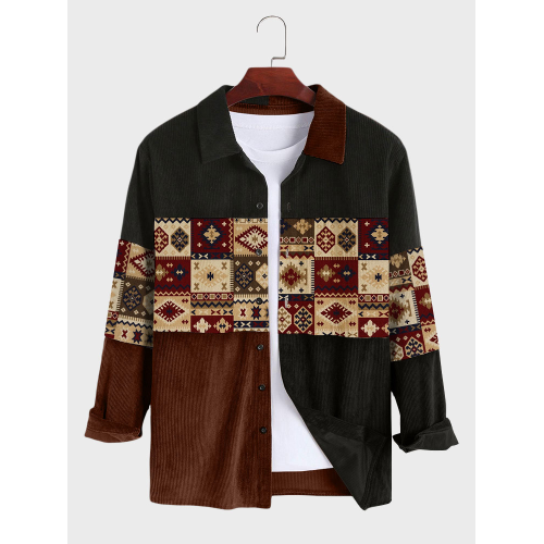 Mens Vintage Argyle Pattern Patchwork Ethnic Corduroy Long Sleeve Shirts
