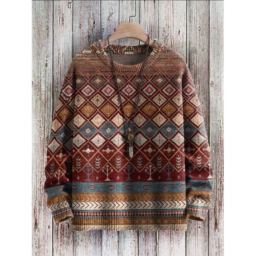 Mens Vintage Ethnic Geometric Pattern Crew Neck Pullover Sweatshirts