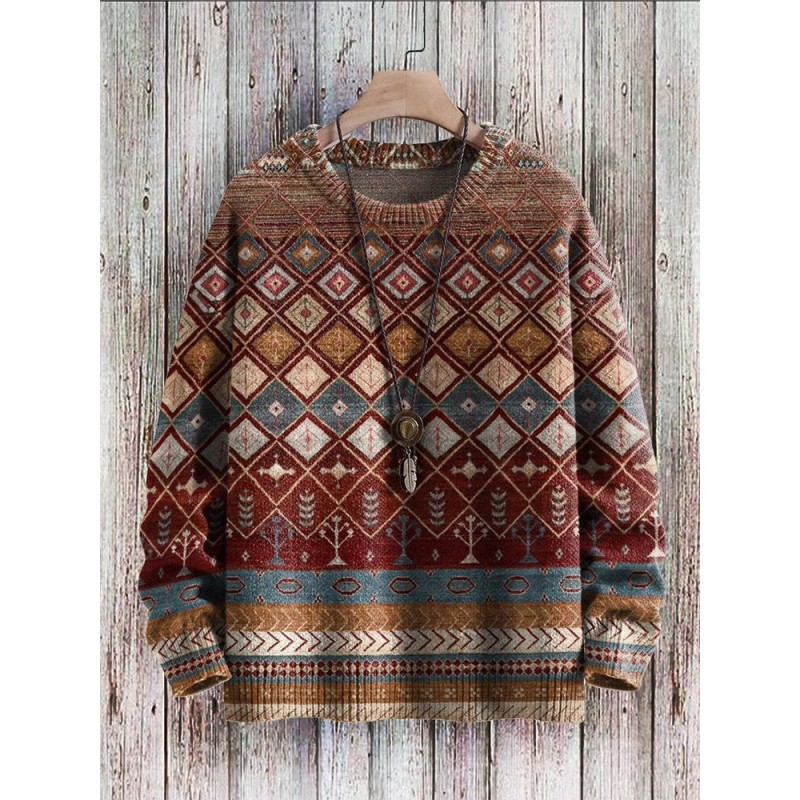 Mens Vintage Ethnic Geometric Pattern Crew Neck Pullover Sweatshirts