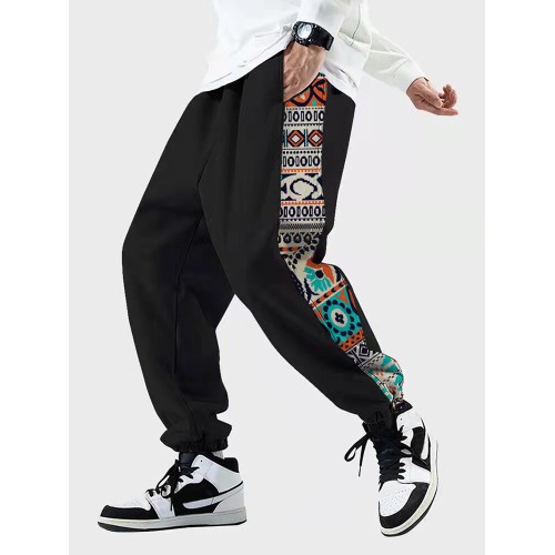 Mens Vintage Geometric Side Print Casual Drawstring Sweatpants