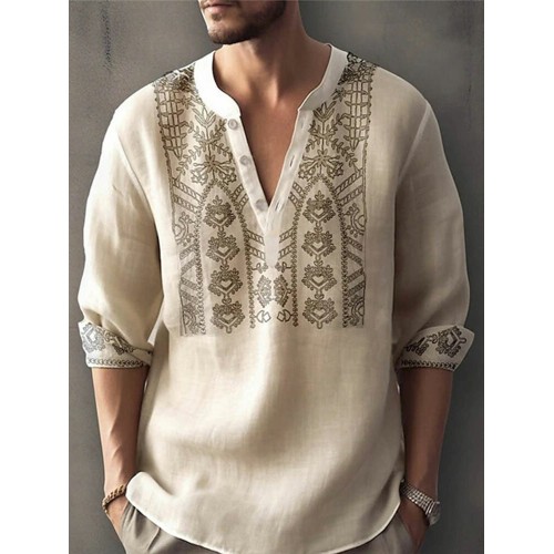 Mens Vintage Plant Print Half Button Long Sleeve Henley Shirts