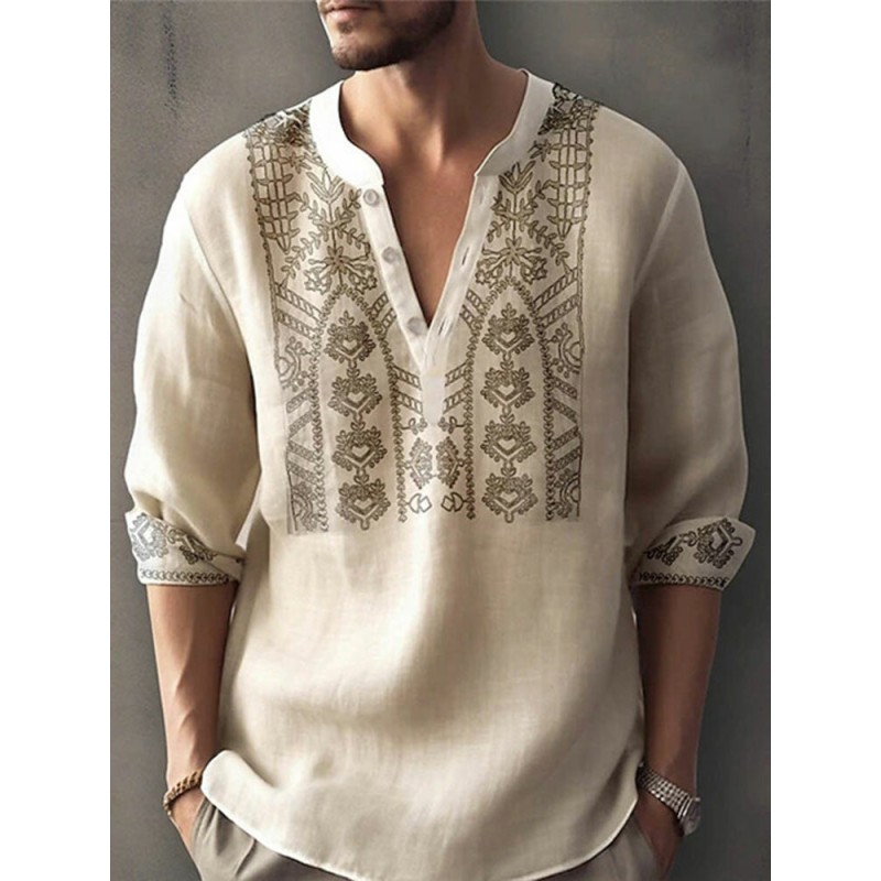 Mens Vintage Plant Print Half Button Long Sleeve Henley Shirts