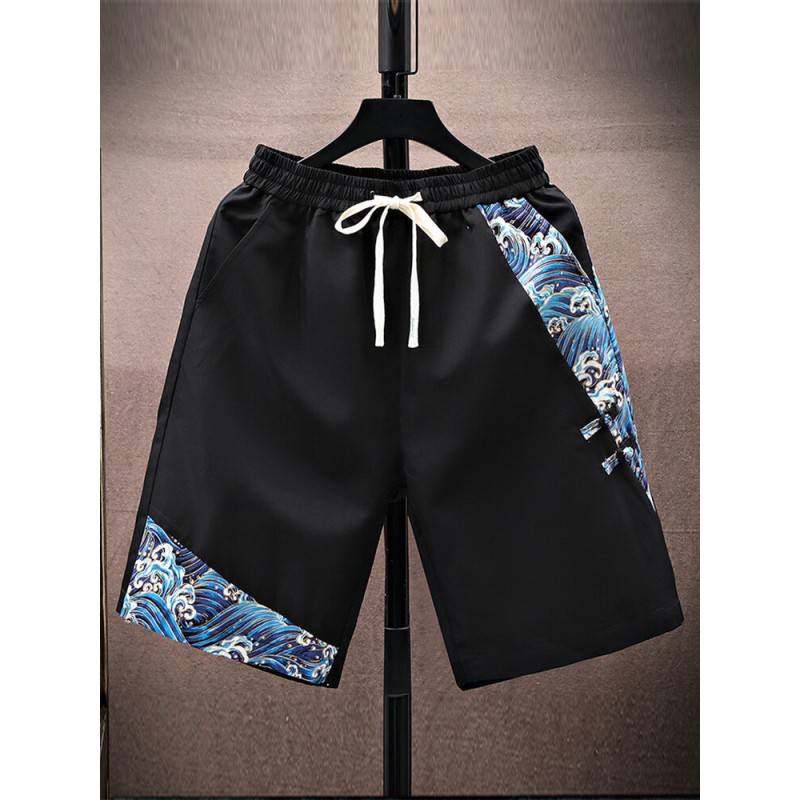 Mens Wave Print Patchwork Side Pockets Drawstring Waist Shorts