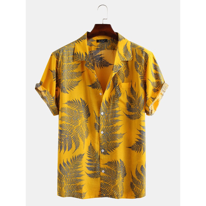 Pine Leaves Print Cotton Short Sleeve Relaxed Shirts