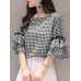 Plaid Knotted Patchwork Ruffle Sleeve Round Neck Blouse