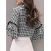 Plaid Knotted Patchwork Ruffle Sleeve Round Neck Blouse