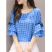 Plaid Knotted Patchwork Ruffle Sleeve Round Neck Blouse