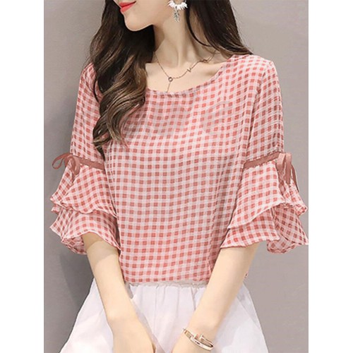 Plaid Knotted Patchwork Ruffle Sleeve Round Neck Blouse