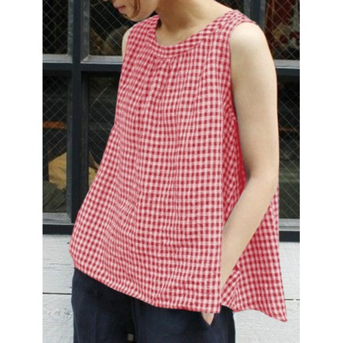 Plaid Knotted Round Neck Sleeveless Casual Tank Top