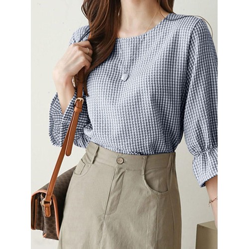 Plaid Ruffle Sleeve Round Neck Casual Blouse