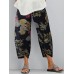 Retro Floral Print Elastic Waist Irregular Hem Pocket Casual Pants For Women