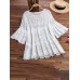 S-5XL Women 3/4 Sleeve Lace Crochet Hollow Out Round Neck Blouse